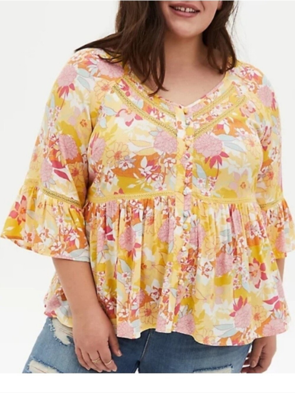 Torrid Floral Yellow Button-Front Peplum Top. Size 2xl